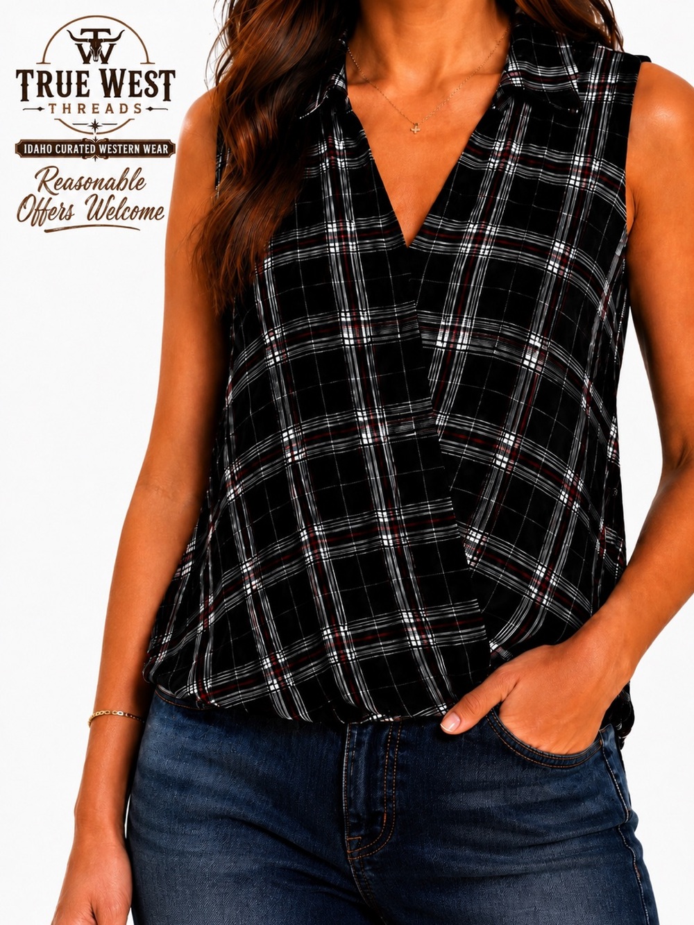 Rock & Republic Women’s Sleeveless Plaid Blouse Black Red White Rayon Size Small